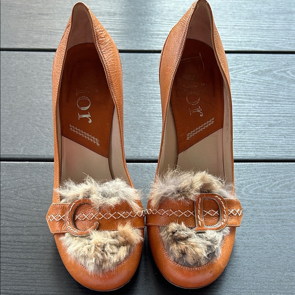 Dior Women's Brown Leather Heels with Fur Accent